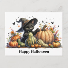 Postal Festiva Gourds de Halloween Black Witch's Kitten W/ Pumpki