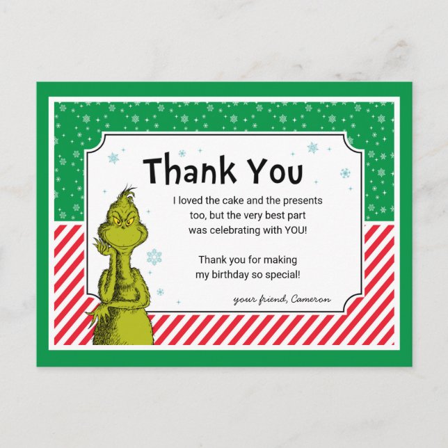 Postal Festiva Gracias por el cumpleaños del copo de nieve Grinch (Anverso)