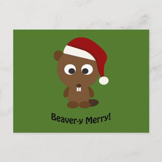 Postal Festiva ¡Gracioso Beaver-y Merry! Santa Beaver (Anverso)