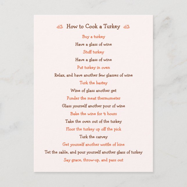 Postal Festiva Gracioso Cómo Cocinar La Receta Del Día De Acción  (Anverso)