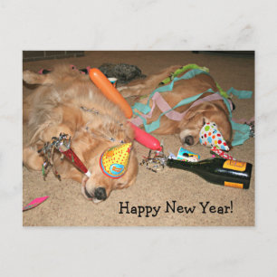 Postal Festiva Gracioso Golden Retriever Feliz Año Nuevo