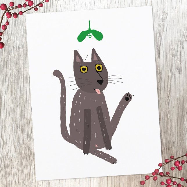 Postal Festiva Gracioso Humor De Gato (Funny cat kiss holiday postcard)