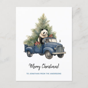Postal Festiva Gracioso Panda en Blue Retro Truck Xmas