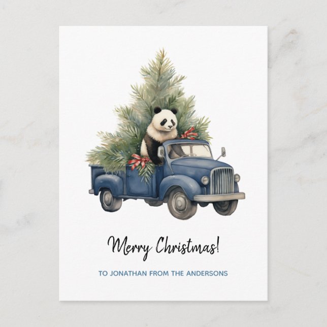 Postal Festiva Gracioso Panda en Blue Retro Truck Xmas (Anverso)