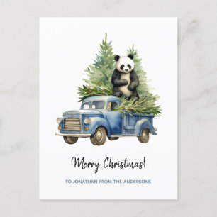 Postal Festiva Gracioso Panda en Blue Vintage Van Xmas