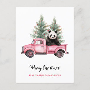 Postal Festiva Gracioso Panda en Navidades de camiones de cosecha