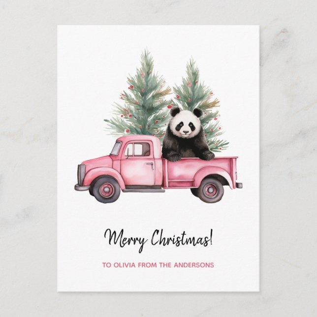 Postal Festiva Gracioso Panda en Navidades de camiones de cosecha (Anverso)