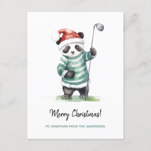 Postal Festiva Gracioso Panda jugando a Navidades de golf