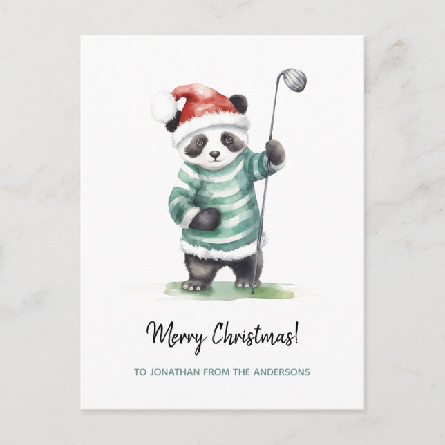 Postal Festiva Gracioso Panda jugando a Navidades de golf (Anverso)