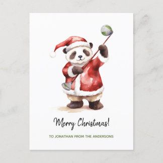 Postal Festiva Gracioso Panda jugando a Navidades de golf