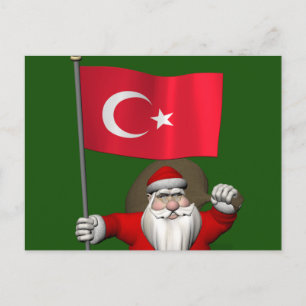 Postal Festiva Gracioso Papá Noel Con Bandera De Turquía
