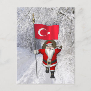 Postal Festiva Gracioso Papá Noel Con Bandera De Turquía