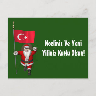 Postal Festiva Gracioso Papá Noel Con Bandera De Turquía
