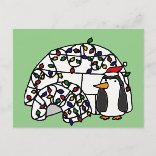 Postal Festiva Gracioso pingüino y Navidades Igloo