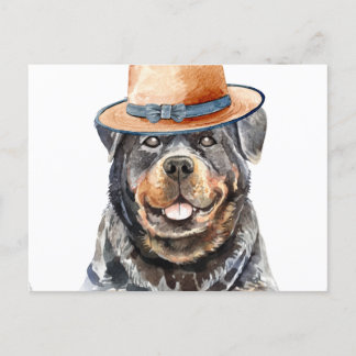 Postal Festiva Gracioso Rottweiler Con Gorra