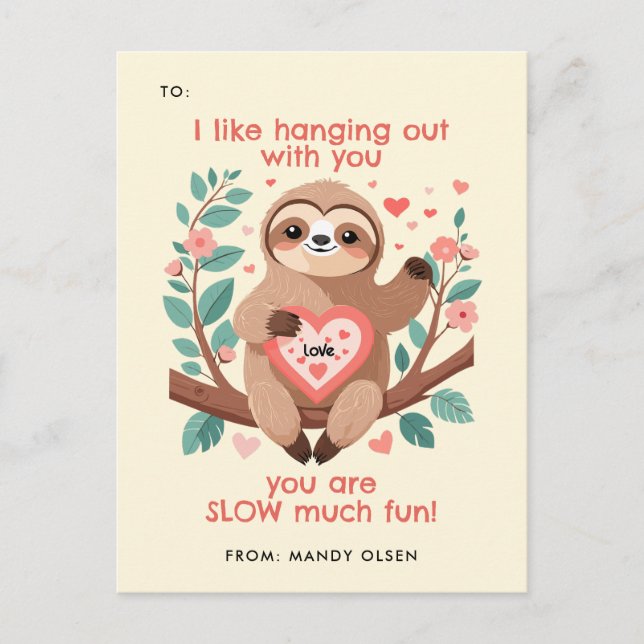 Postal Festiva Gracioso Sloth Pun Cute Animal El día de San Valen (Anverso)
