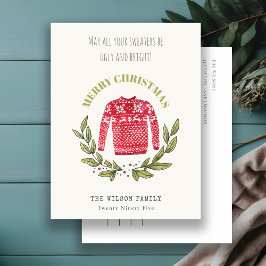 Postal Festiva Gracioso y feo suéter de Navidades verdes rojos y 