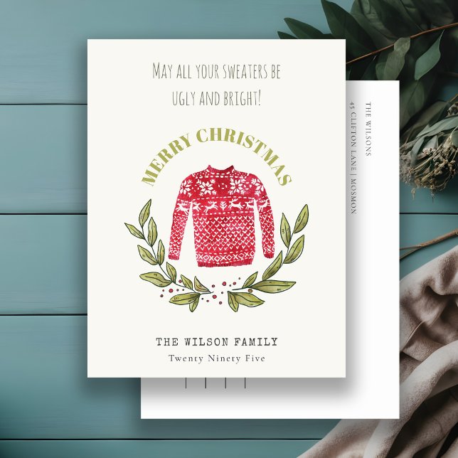 Postal Festiva Gracioso y feo suéter de Navidades verdes rojos y  (Subido por el creador)