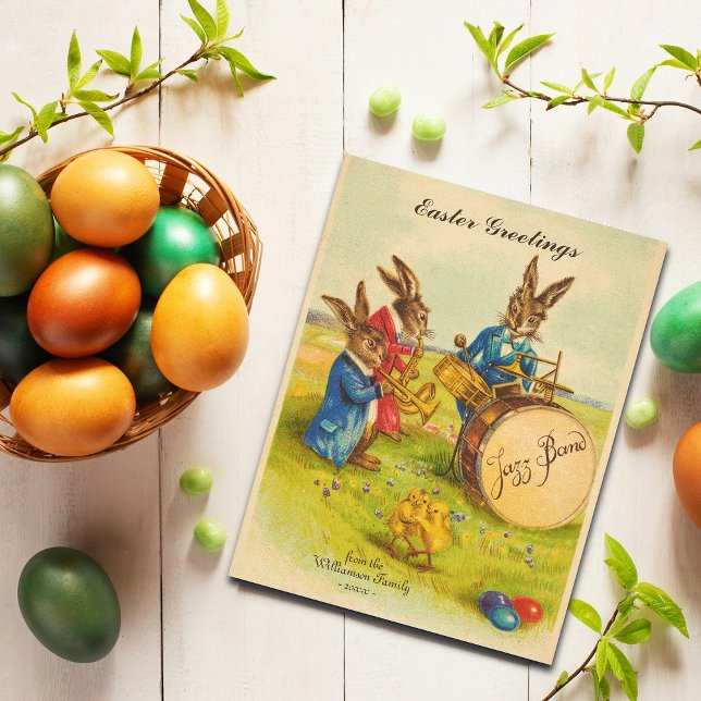 Postal Festiva Graciosos saludos de Pascua bailando chichas Perso (Personallize with your Family Name & Year.  All text is editable.)
