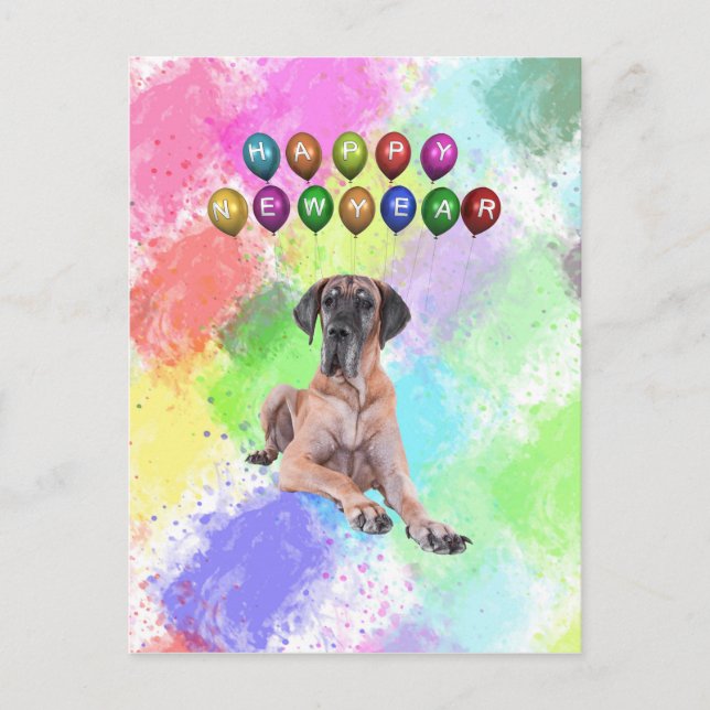 Postal Festiva Gran perro danés deseando feliz año nuevo (Anverso)