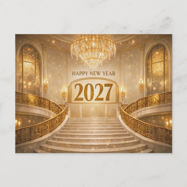 Postal Festiva Grand Gold Art Deco Staircase New Year 2027 (Anverso)