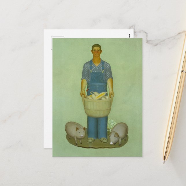 Postal Festiva Granjero con cerdos y maíz por Grant Wood (Anverso/Reverso In Situ)