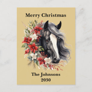 Postal Festiva Granjero Navidades negros Caballo Wreath Poinsetti