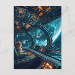 Postal Festiva Gray cat in cockpit with Earth outside