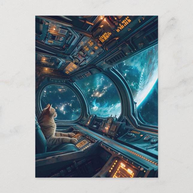 Postal Festiva Gray cat in cockpit with Earth outside (Anverso)