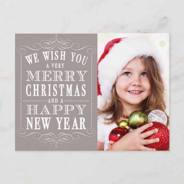Postal Festiva Gray Merry Christmas, Happy New Year Photo (Anverso)