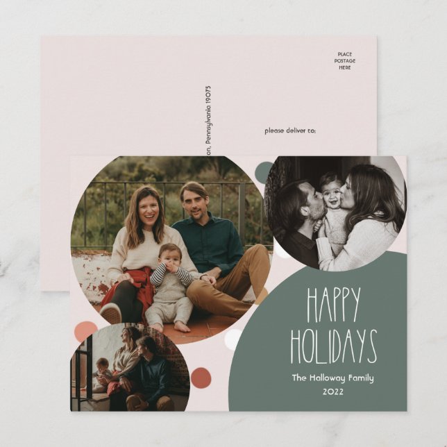 Postal Festiva Green Boho Polka Dot Happy Holidays Three Photo (Anverso / Reverso)