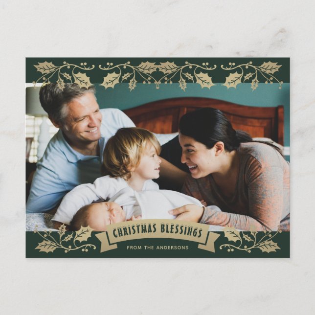 Postal Festiva Green Christmas Blessings Christian Photo (Anverso)
