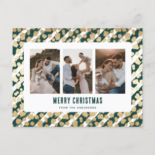 Postal Festiva Green Gold Stars 3 Photo Merry Christmas
