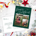 Postal Festiva Green Merry Christmas Caliligraphy Script 3 Photo<br><div class="desc">La tarjeta postal de vacaciones Green Merry Christmas Caligraphy Script 3 Photo Holiday contiene un guión moderno de caligrafía en la parte delantera,  junto con tres fotos y un mensaje familiar en la parte posterior.</div>