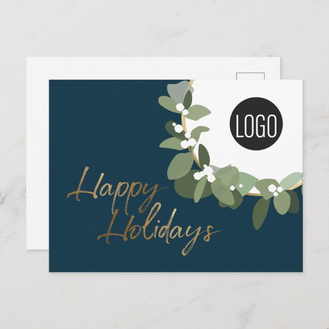 Postal Festiva Green Modern Wreath con logo Happy Holidays Blue (Anverso / Reverso)