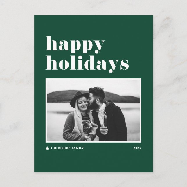 Postal Festiva Green Retro Bold Typography Photo Happy Holidays (Anverso)