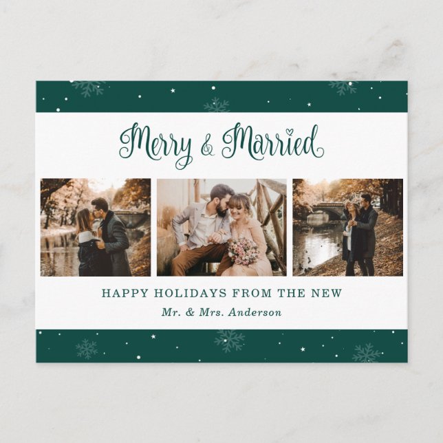 Postal Festiva Green Snowflake Botanical Newlywed Photo Holiday (Anverso)