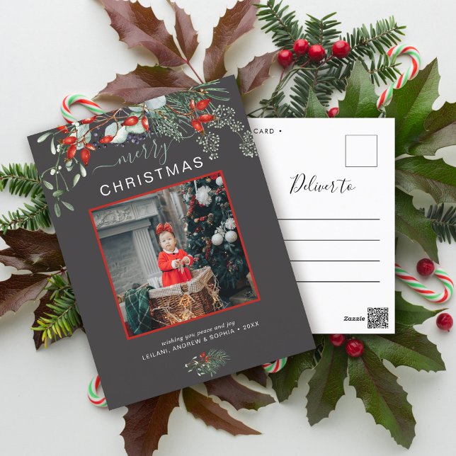 Postal Festiva Greenery Merry Christmas Photo Watercolor Gray (You will love these beautiful Christmas cards! They feature botanical watercolor pine and berries.)