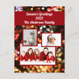 Postal Festiva "Greetings Seasons" Foto Oro, Rojo, Parkles