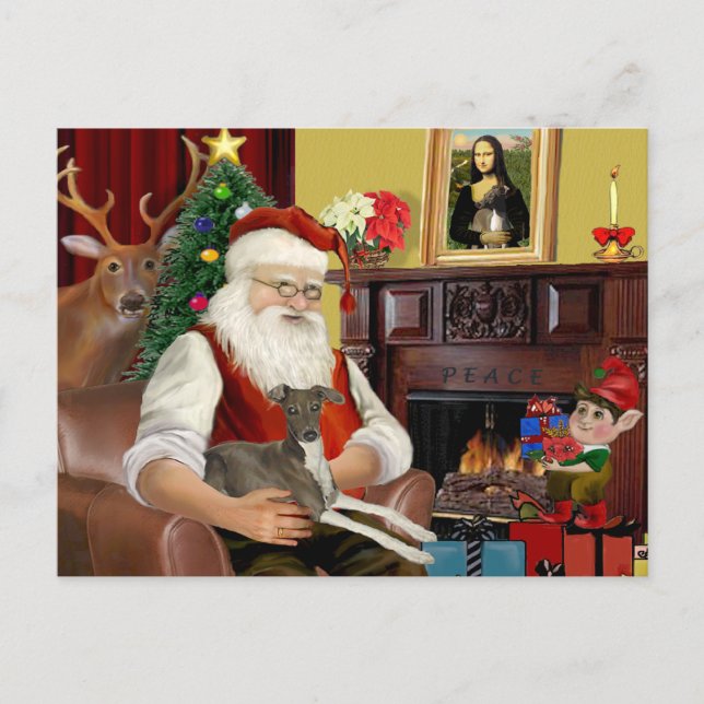 Postal Festiva Greyhound italiano gris oscuro/marrón de Santa (Anverso)