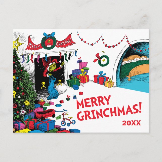 Postal Festiva Grinch Clásico | Grinch en Chimenea (Anverso)