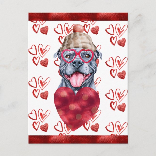 Postal Festiva Gris Pitbull Hearts Perro Lover Valentine Gift (Anverso)