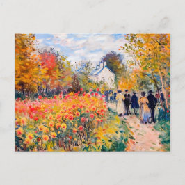 Postal Festiva Grupo caminando en jardín otoñal con flores