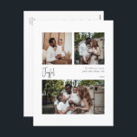 Postal Festiva Guión alegre moderno centrado en tres fotos<br><div class="desc">Esta moderna y alegre tarjeta postal de tres fotos centrada en el guión es perfecta para su minimalista y elegante bienvenida de vacaciones en blanco y negro. La caligrafía escrita a mano, mínima y caprichosa, es delicada y rústica, aunque elegante y elegante. El diseño refleja un simple día de invierno...</div>