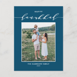 Postal Festiva Guión moderno azul Feliz foto de Hanukkah