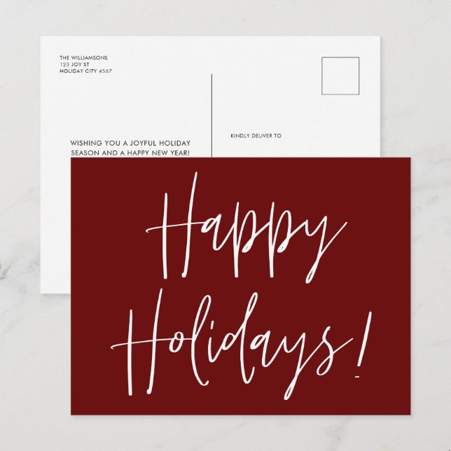 Postal Festiva Guión moderno Red Happy Holidays Navidades (Anverso / Reverso)