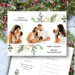 Postal Festiva Guión moderno Regeneración de oro Bebé Primera Nav<br><div class="desc">Regalo moderno Dorado Greenery Baby Primera Tarjeta de Navidad. Envíe sus cálidos deseos y saludos de vacaciones a sus seres queridos con esta elegante, moda y moderna tarjeta de vacaciones de tres (3) Collages de fotos con los primeros Navidades del personalizado "(Nombre del Bebé)" y "FELICES VACACIONES" en tipografía moderna...</div>