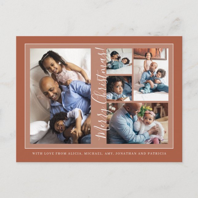 Postal Festiva Guión navideño 5 collage de fotos terracota (Anverso)