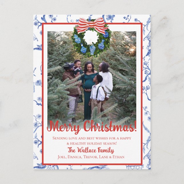 Postal Festiva Guirnalda Chinoiserie, azul y blanco abuelito (Anverso)