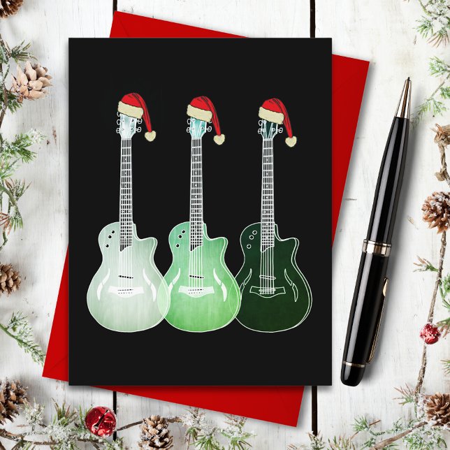 Postal Festiva Guitar Santa Green (Christmas guitars wearing Santa hats simple illustration on black holiday greetings postcard)
